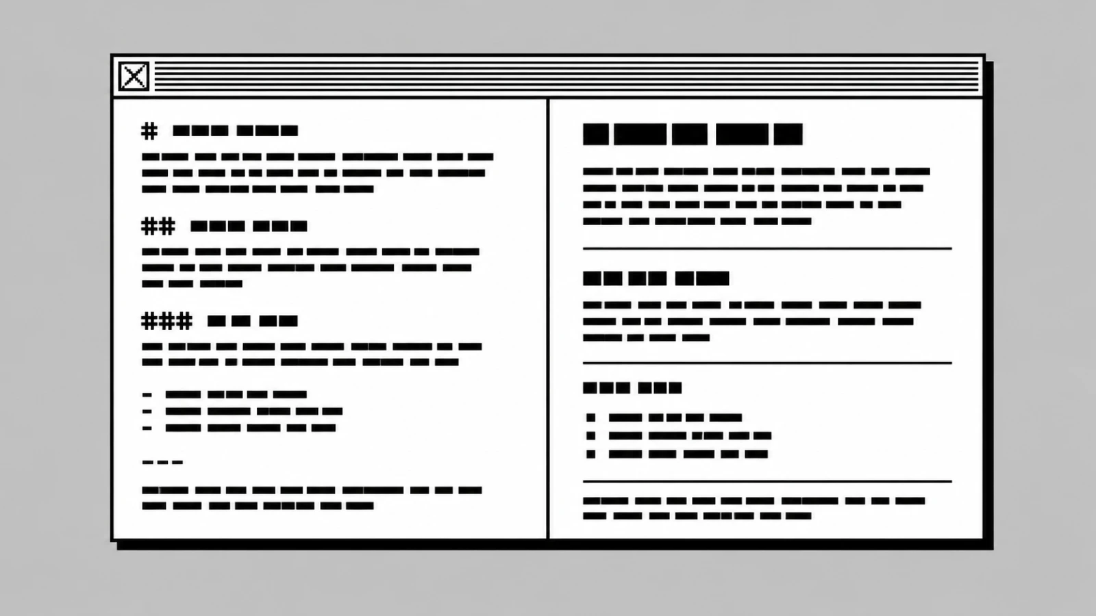 A Markdown editor on a Mac showing plain text on the left and formatted preview on the right