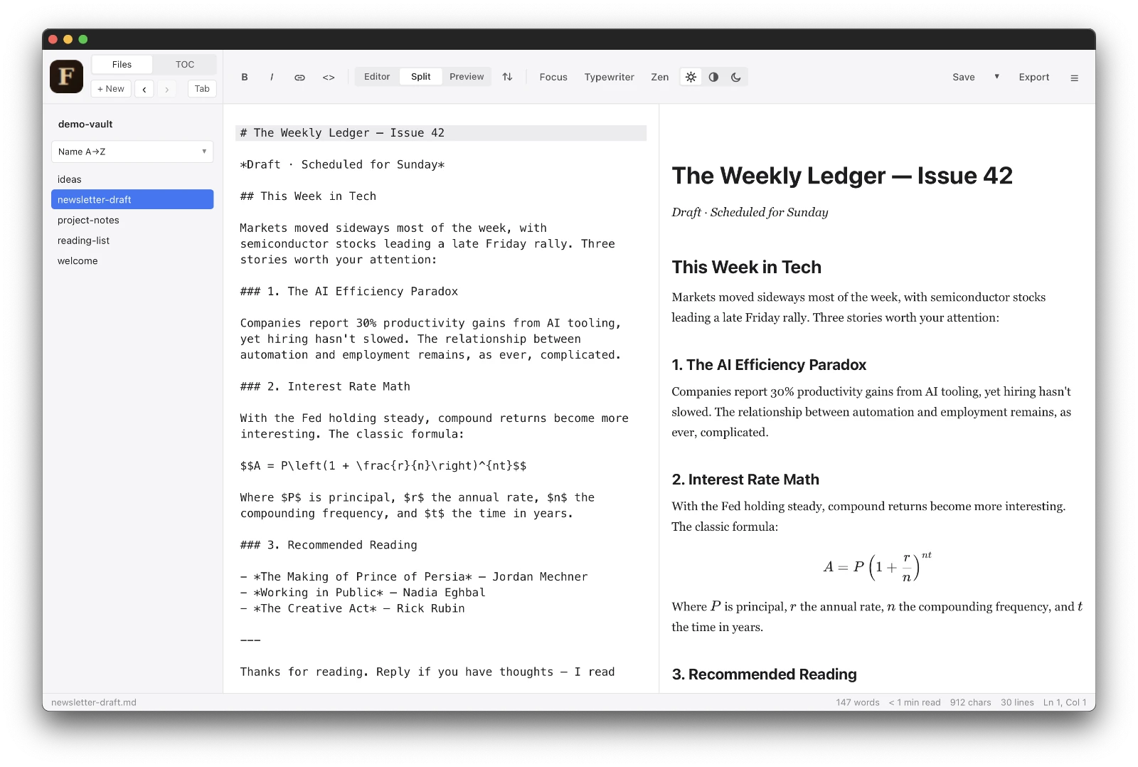 A Markdown editor split into two panes — plain text source with hash and asterisk symbols on the left, formatted preview on the right