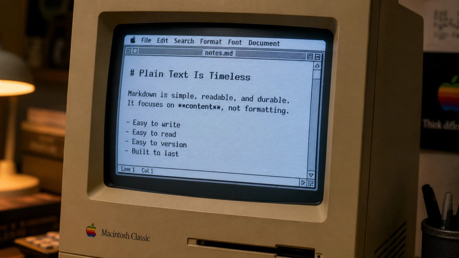 A plain text Markdown file open in a writing app on a Mac desktop