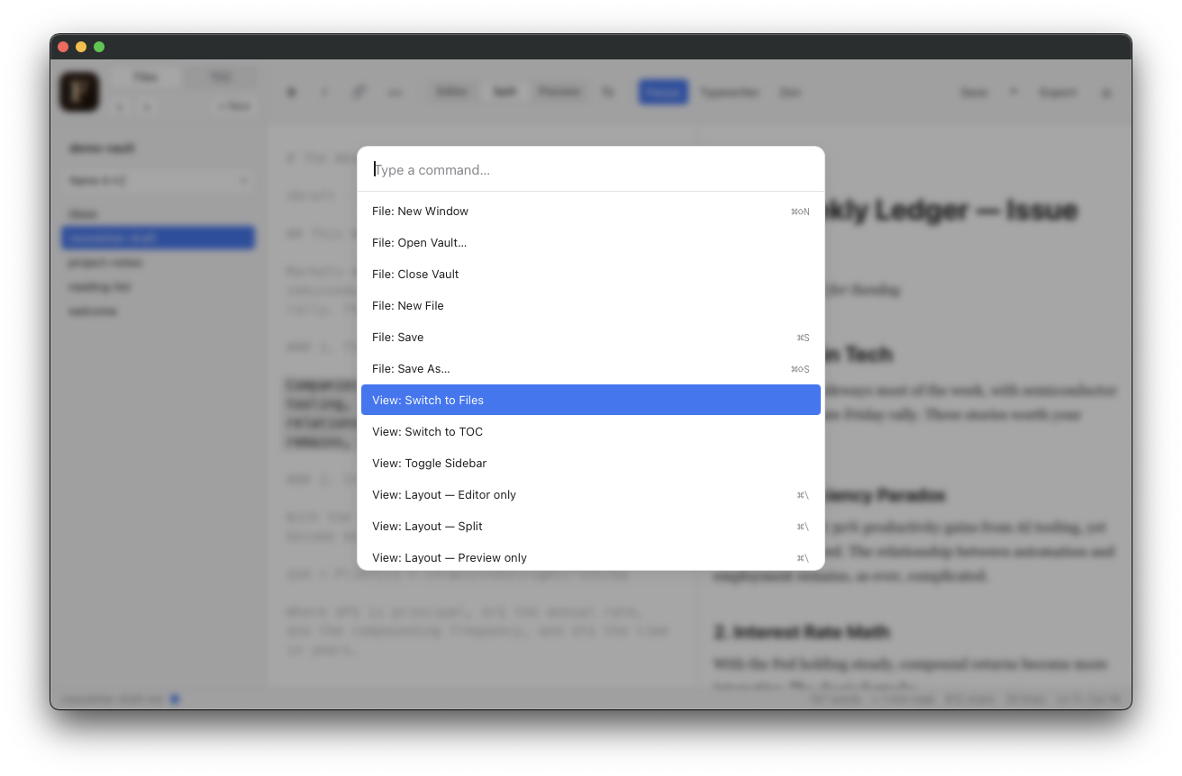 Command Palette open, showing searchable list of 35+ commands