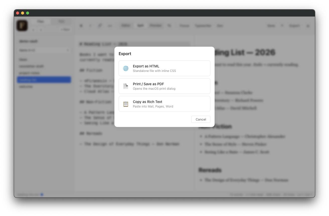 Export dialog with options for PDF, HTML, and Rich Text