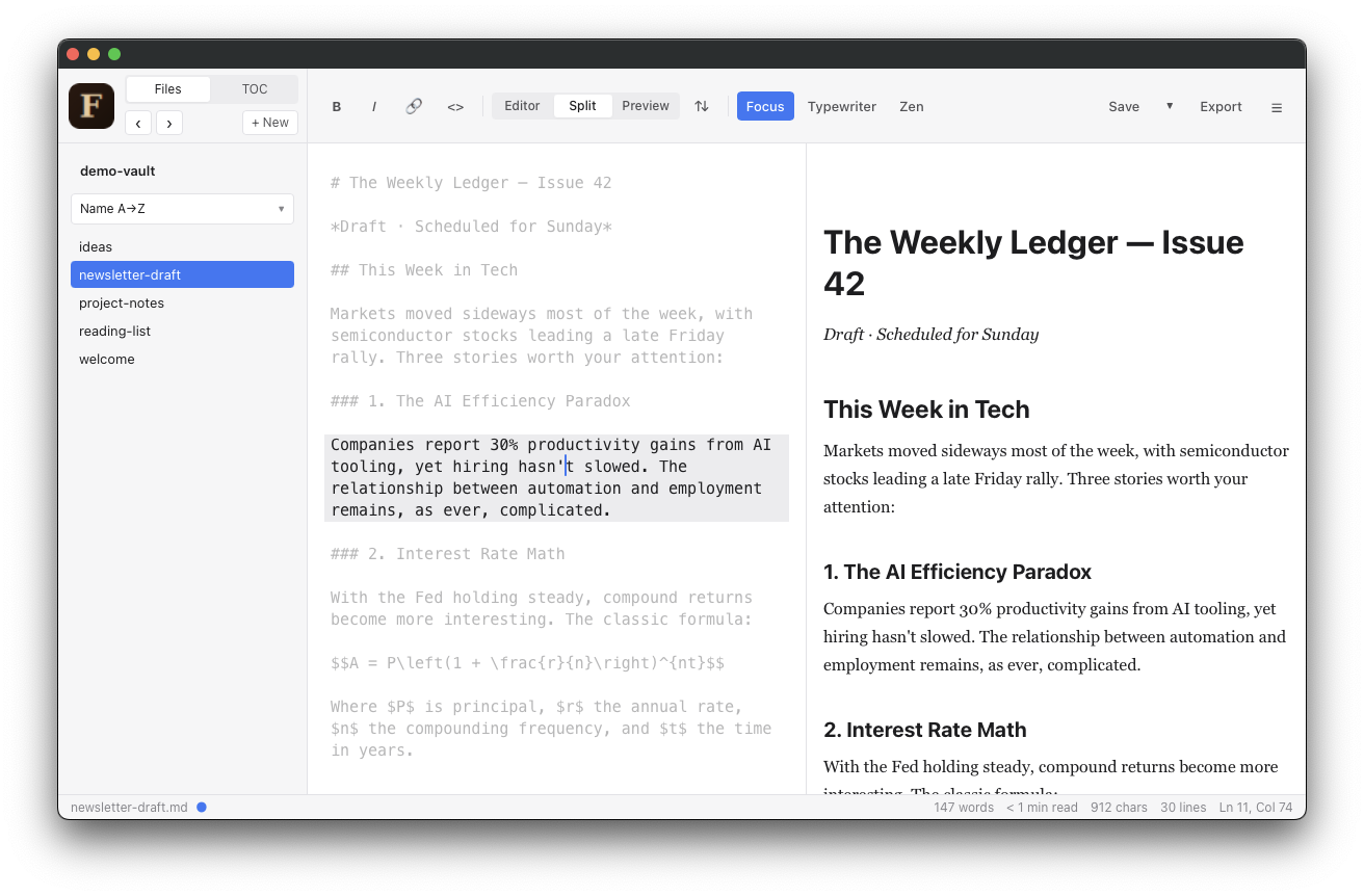 Focus Mode dims all paragraphs except the one currently being edited