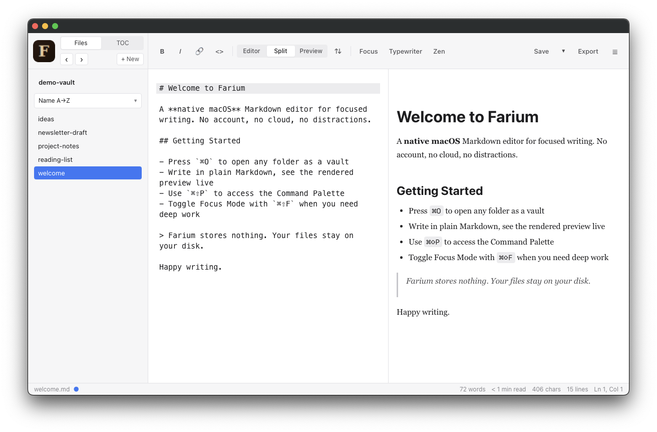 Farium editor with vault browser, Markdown editor, and live preview side by side